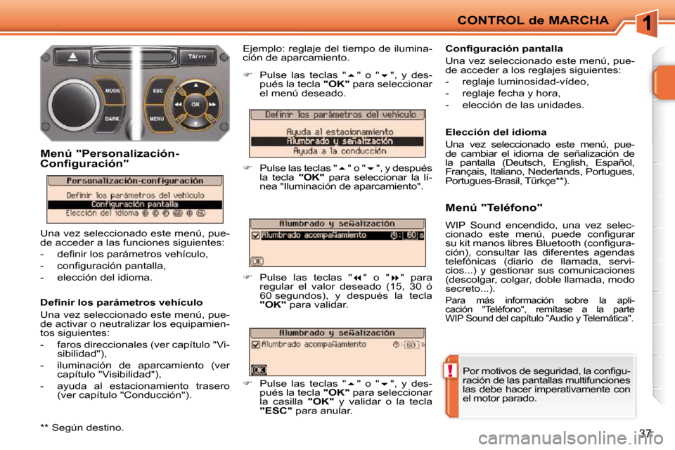 Peugeot 207 CC 2010  Manual del propietario (in Spanish) !
CONTROL de MARCHA
37
� �P�o�r� �m�o�t�i�v�o�s� �d�e� �s�e�g�u�r�i�d�a�d�,� �l�a� �c�o�n�ﬁ� �g�u�- 
ración de las pantallas multifunciones 
las debe hacer imperativamente con 
el motor parado.  
�