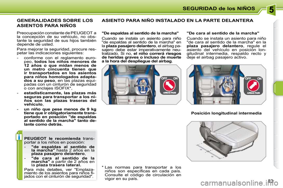 Peugeot 207 CC 2010  Manual del propietario (in Spanish) i
SEGURIDAD de los NIÑOS
83
  
PEUGEOT    
le  recomienda    trans-
portar a los niños en posición:  
   -     "de  espaldas  al  sentido  de  
la marcha"   hasta 2 años en la 
 
plaza pasajero de