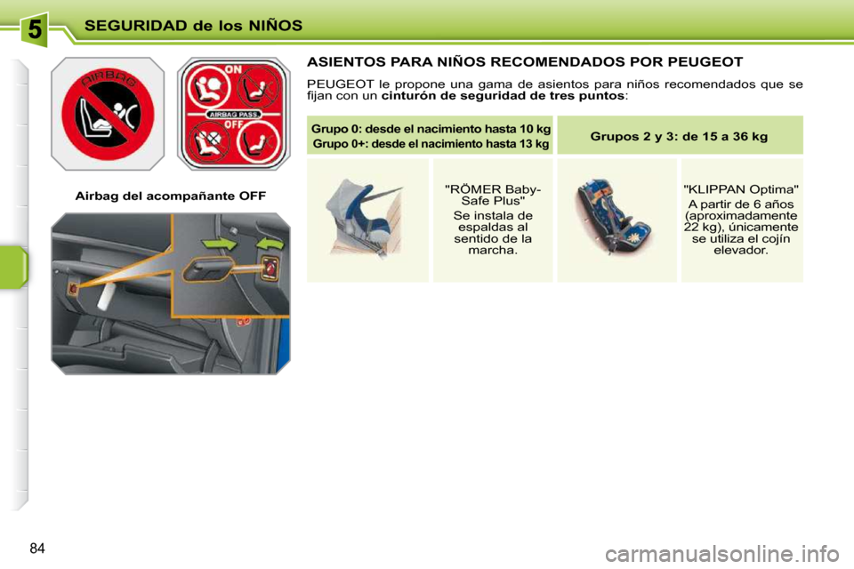 Peugeot 207 CC 2010  Manual del propietario (in Spanish) SEGURIDAD de los NIÑOS
84
   Airbag del acompañante OFF   
 ASIENTOS PARA NIÑOS RECOMENDADOS POR PEUGEOT 
 PEUGEOT  le  propone  una  gama  de  asientos  para  niños  recomendados  que  se 
�ﬁ� 