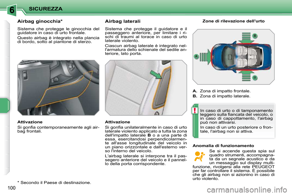 Peugeot 207 CC 2010  Manuale del proprietario (in Italian) !
SICUREZZA
100
  *   Secondo il Paese di destinazione.  
       Airbag ginocchia *   
 Sistema  che  protegge  le  ginocchia  del  
guidatore in caso di urto frontale.  
� �Q�u�e�s�t�o�  �a�i�r�b�a�g