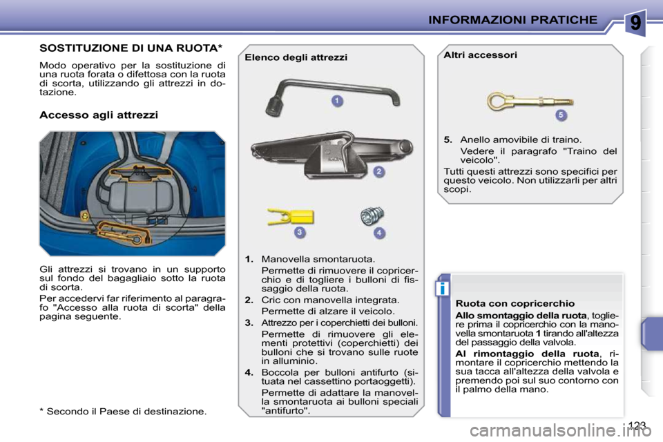 Peugeot 207 CC 2010  Manuale del proprietario (in Italian) i
INFORMAZIONI PRATICHE
123
  *   Secondo il Paese di destinazione.  
SOSTITUZIONE DI UNA RUOTA *  
 Modo  operativo  per  la  sostituzione  di  
una ruota forata o difettosa con la ruota 
di  scorta,