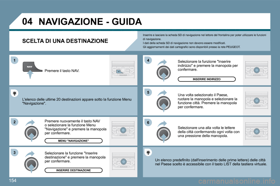 Peugeot 207 CC 2010  Manuale del proprietario (in Italian) 154
�0�4
�1
�2
�3
�5 
�6
�4
� �N�A�V�I�G�A�Z�I�O�N�E� �-� �G�U�I�D�A� 
�S�C�E�L�T�A� �D�I� �U�N�A� �D�E�S�T�I�N�A�Z�I�O�N�E� 
  Premere nuovamente il tasto NAV o selezionare la funzione Menu "Navigazi