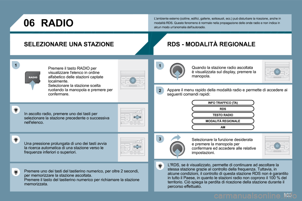 Peugeot 207 CC 2010  Manuale del proprietario (in Italian) 163
�0�6
�3
�2
�1
�1
� �I�N�F�O� �T�R�A�F�F�I�C�O� �(�T�A�)� 
�S�E�L�E�Z�I�O�N�A�R�E� �U�N�A� �S�T�A�Z�I�O�N�E� 
  Quando la stazione radio ascoltata è visualizzata sul display, premere la manopola. 