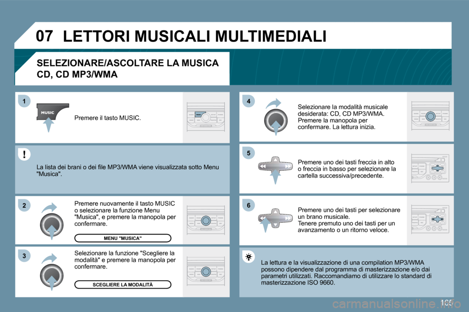 Peugeot 207 CC 2010  Manuale del proprietario (in Italian) 165
�0�7
�6
�4 
�5
�3
�2
�1
�S�E�L�E�Z�I�O�N�A�R�E�/�A�S�C�O�L�T�A�R�E� �L�A� �M�U�S�I�C�A� � 
�C�D�,� �C�D� �M�P�3�/�W�M�A� 
 La lettura e la visualizzazione di una compilation
 MP3/WMP3/WMA possono 