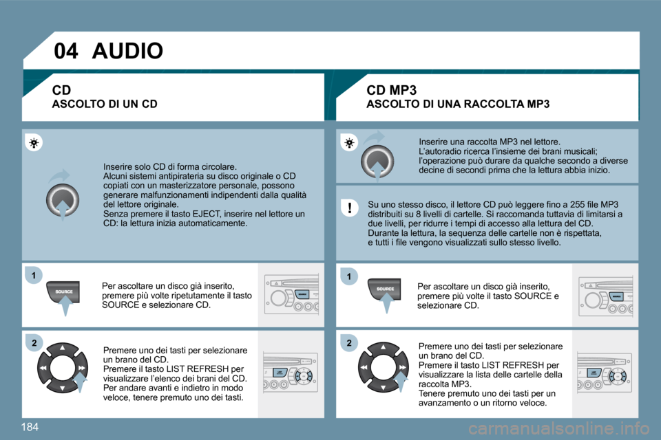 Peugeot 207 CC 2010  Manuale del proprietario (in Italian) 184
�0�4
�1�1
�2�2
�1�1
�2�2
� �I�n�s�e�r�i�r�e� �s�o�l�o� �C�D� �d�i� �f�o�r�m�a� �c�i�r�c�o�l�a�r�e�.� � �A�l�c�u�n�i� �s�i�s�t�e�m�i� �a�n�t�i�p�i�r�a�t�e�r�i�a� �s�u� �d�i�s�c�o� �o�r�i�g�i�n�a�l�
