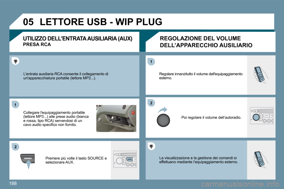 Peugeot 207 CC 2010  Manuale del proprietario (in Italian) 188
�0�5
�1�1
�2�2
�2�2
�1�1
� �L�a� �v�i�s�u�a�l�i�z�z�a�z�i�o�n�e� �e� �l�a� �g�e�s�t�i�o�n�e� �d�e�i� �c�o�m�a�n�d�i� �s�i� �e�f�f�e�t�t�u�a�n�o� �m�e�d�i�a�n�t�e� �l�’�e�q�u�i�p�a�g�g�i�a�m�e�n�