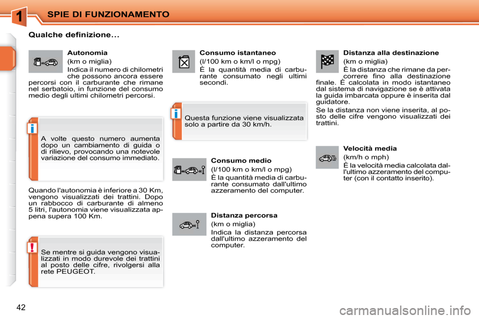 Peugeot 207 CC 2010  Manuale del proprietario (in Italian) !
i
i
SPIE DI FUNZIONAMENTO
42
  Distanza alla destinazione  
 (km o miglia)  
 È la distanza che rimane da per- 
�c�o�r�r�e�r�e�  �ﬁ� �n�o�  �a�l�l�a�  �d�e�s�t�i�n�a�z�i�o�n�e� 
�ﬁ� �n�a�l�e�.�