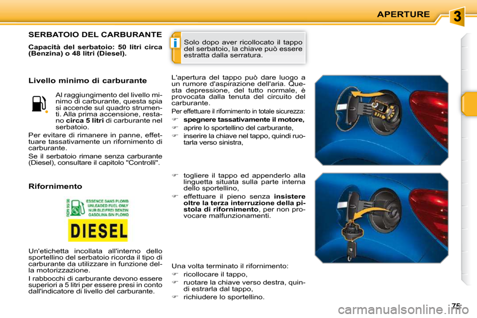 Peugeot 207 CC 2010  Manuale del proprietario (in Italian) i
APERTURE
 Solo  dopo  aver  ricollocato  il  tappo  
del serbatoio, la chiave può essere 
estratta dalla serratura. SERBATOIO DEL CARBURANTE 
  
Capacità  del  serbatoio:  50  litri  circa  
(Benz