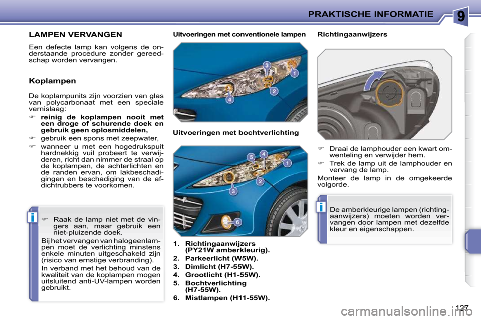 Peugeot 207 CC 2010  Handleiding (in Dutch) i
i
PRAKTISCHE INFORMATIE
127
         LAMPEN VERVANGEN 
 Een  defecte  lamp  kan  volgens  de  on- 
derstaande  procedure  zonder  gereed-
schap worden vervangen.    
1.     Richtingaanwijzers 
(PY21