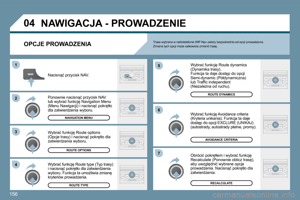 Peugeot 207 CC 2010  Instrukcja Obsługi (in Polish) 156
�0�4
�4
�3
�2
�1
�7
�6
�5
� �N�A�W�I�G�A�C�J�A� �-� �P�R�O�W�A�D�Z�E�N�I�E� 
� � �O�P�C�J�E� �P�R�O�W�A�D�Z�E�N�I�A� 
� � �W�y�b�r�a�ć� �f�u�n�k�c�j
� �R�o�u�t�e� �d�y�n�a�m�i�c�s� �(�D�y�n�a�m�