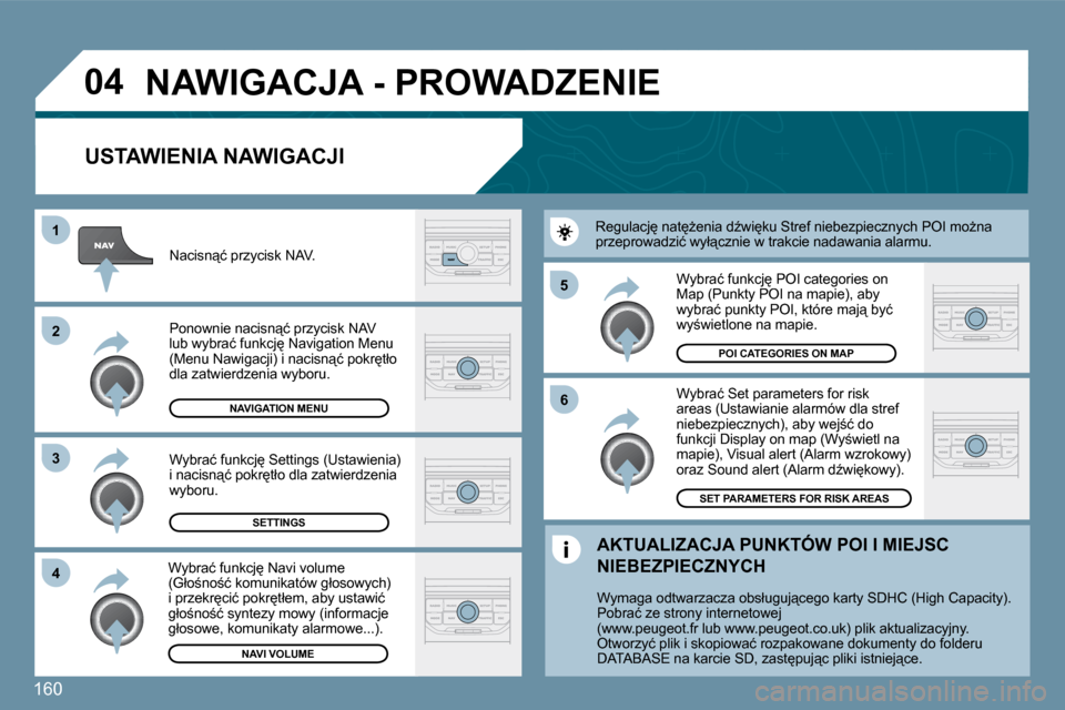 Peugeot 207 CC 2010  Instrukcja Obsługi (in Polish) 160
�0�4
�5 
�6
�3
�2
�1
�4
� � �U�S�T�A�W�I�E�N�I�A� �N�A�W�I�G�A�C�J�I� 
� �N�A�W�I�G�A�C�J�A� �-� �P�R�O�W�A�D�Z�E�N�I�E� 
� � �W�y�b�r�a�ć� �S�e�t� �p�a�r�a�m�e�t�e�r�s� �f�o�r� �r�i�s�k� �a�r�e�