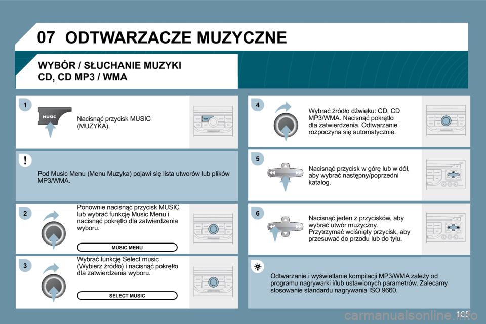 Peugeot 207 CC 2010  Instrukcja Obsługi (in Polish) 165
�0�7
�6
�4 
�5
�3
�2
�1
� � � � � � � � � � �W�Y�B�Ó�R� �/� �S�Ł�U�C�H�A�N�I�E� �M�U�Z�Y�K�I� � 
�C�D�,� �C�D� �M�P�3� �/� �W�M�A� 
� �O�d�t�w�a�r�z�a�n�i�e� �i� �w�y;�w�i�e�t�l�a�n�i�e� �k�o�m