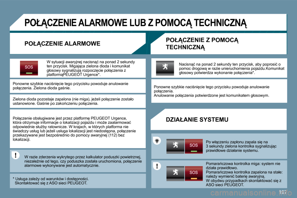 Peugeot 207 CC 2010  Instrukcja Obsługi (in Polish) 197
� � � � � � � �P�O�Ł�C�Z�E�N�I�E� �A�L�A�R�M�O�W�E� �L�U�B� �Z� �P�O�M�O�C� �T�E�C�H�N�I�C�Z�N� 
� � �P�O�Ł�C�Z�E�N�I�E� �A�L�A�R�M�O�W�E� � � �P�O�Ł�C�Z�E�N�I�E� �Z� �P�O�M�O�C� 
�