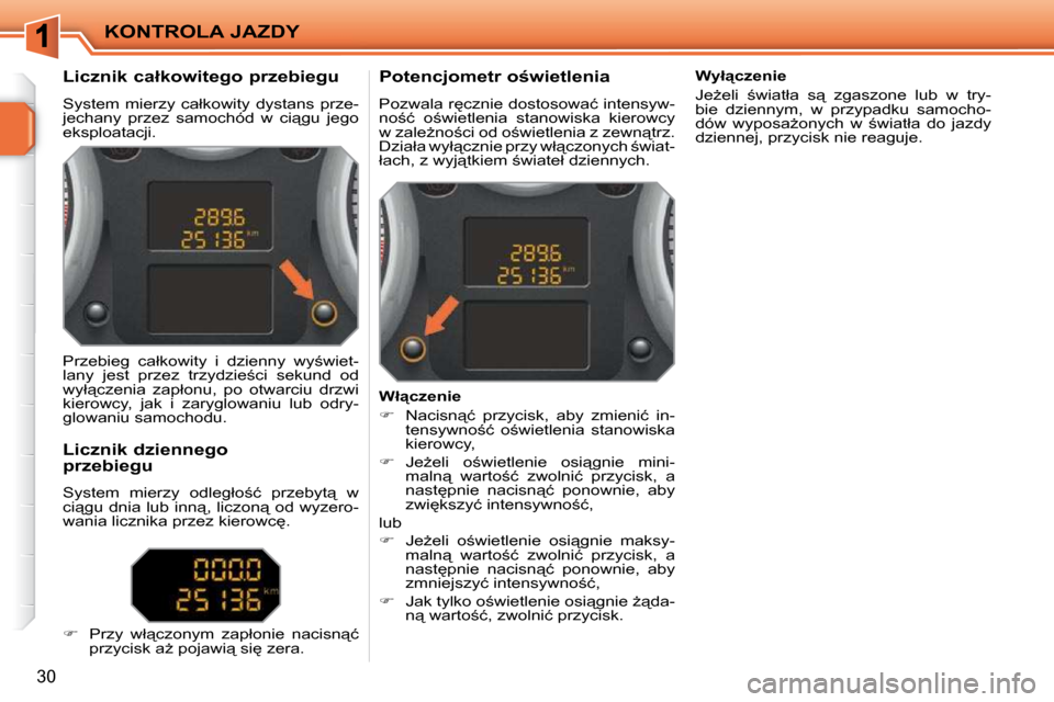 Peugeot 207 CC 2010  Instrukcja Obsługi (in Polish) KONTROLA JAZDY
�3�0
� � � � � � � � � � �L�i�c�z�n�i�k� �c�a�ł�k�o�w�i�t�e�g�o� �p�r�z�e�b�i�e�g�u�  
� �S�y�s�t�e�m�  �m�i�e�r�z�y�  �c�a�ł�k�o�w�i�t�y�  �d�y�s�t�a�n�s�  �p�r�z�e�- 
�j�e�c�h�a�n�y