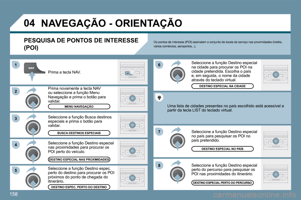 Peugeot 207 CC 2010  Manual do proprietário (in Portuguese) 158
�0�4
�8
�6 
�7
�4
�3
�5
�2
�1
�N�A�V�E�G�A�Ç�Ã�O� �-� �O�R�I�E�N�T�A�Ç�Ã�O
� � �P�E�S�Q�U�I�S�A� �D�E� �P�O�N�T�O�S� �D�E� �I�N�T�E�R�E�S�S�E� 
�(�P�O�I�)� 
  Prima a tecla NAV.  
  Prima nova