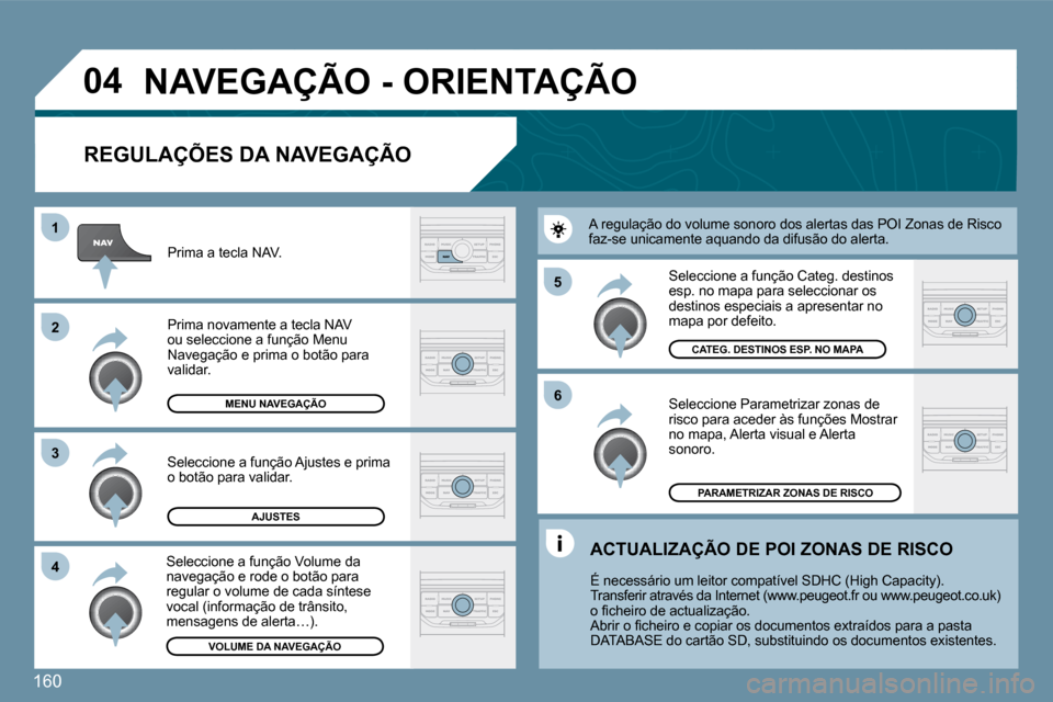 Peugeot 207 CC 2010  Manual do proprietário (in Portuguese) 160
�0�4
�5 
�6
�3
�2
�1
�4
� � �R�E�G�U�L�A�Ç�Õ�E�S� �D�A� �N�A�V�E�G�A�Ç�Ã�O� 
�N�A�V�E�G�A�Ç�Ã�O� �-� �O�R�I�E�N�T�A�Ç�Ã�O
  Seleccione Parametrizar zonas de risco para aceder às funções