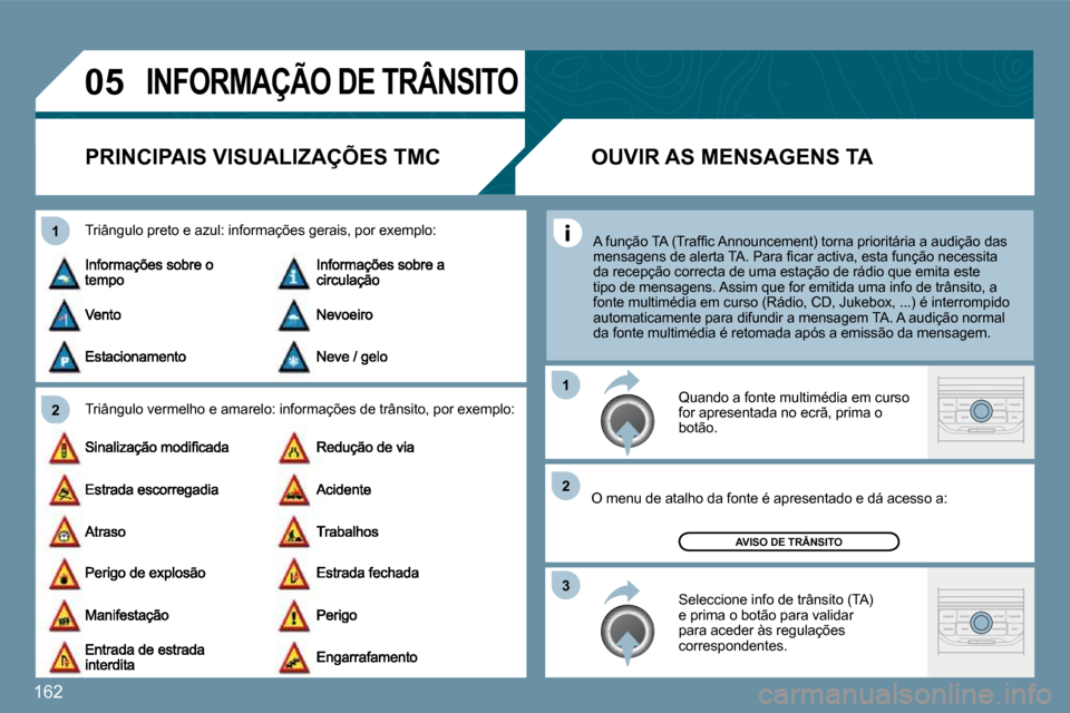 Peugeot 207 CC 2010  Manual do proprietário (in Portuguese) 162
�0�5
�2
�1
�3
�2
�1
� �I�N�F�O�R�M�A�Ç�Ã�O� �D�E� �T�R�Â�N�S�I�T�O� 
� � � � � � �P�R�I�N�C�I�P�A�I�S� �V�I�S�U�A�L�I�Z�A�Ç�Õ�E�S� �T�M�C� 
  Triângulo vermelho e amarelo: informações de t