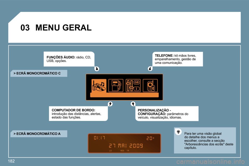 Peugeot 207 CC 2010  Manual do proprietário (in Portuguese) 182
�0�3� �M�E�N�U� �G�E�R�A�L� 
�F�U�N�Ç�Õ�E�S� �Á�U�D�I�O�:� �r�á�d�i�o�,� �C�D�,� �U�S�B�,� �o�p�ç�õ�e�s�.� 
� �C�O�M�P�U�T�A�D�O�R� �D�E� �B�O�R�D�O�:� �i�n�t�r�o�d�u�ç�ã�o� �d�a�s� �d�i�s