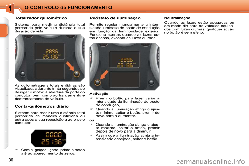 Peugeot 207 CC 2010  Manual do proprietário (in Portuguese) O CONTROLO de FUNCIONAMENTO
30
             Totalizador quilométrico  
 Sistema  para  medir  a  distância  total  
percorrida  pelo  veículo  durante  a  sua 
duração de vida.           Reóstat