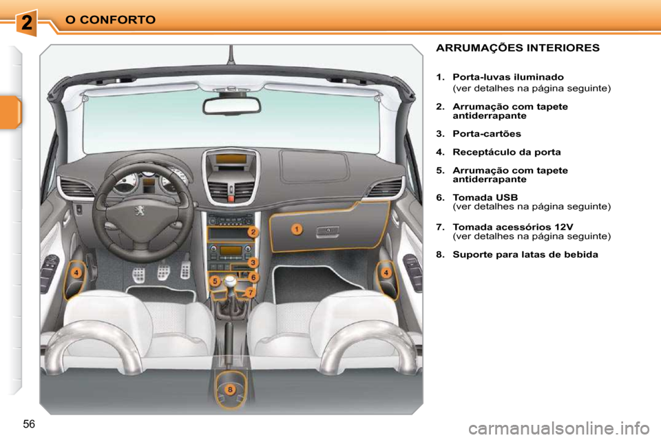 Peugeot 207 CC 2010  Manual do proprietário (in Portuguese) O CONFORTO
56
             ARRUMAÇÕES INTERIORES 
   
1.     �P�o�r�t�a�-�l�u�v�a�s� �i�l�u�m�i�n�a�d�o    
  (ver detalhes na página seguinte)  
  
2.     Arrumação com tapete  
antiderrapante  