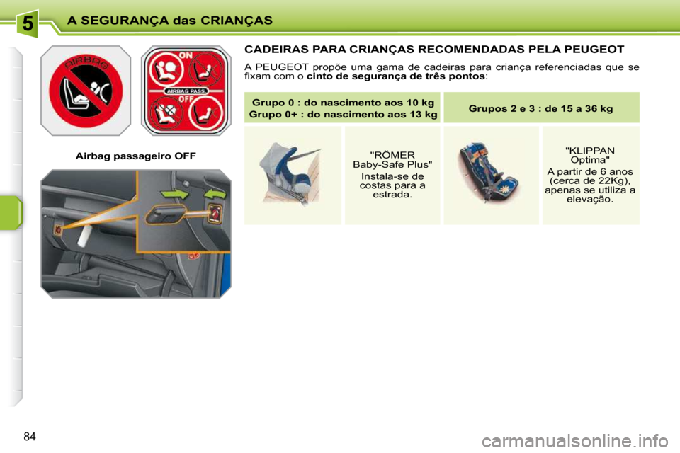 Peugeot 207 CC 2010  Manual do proprietário (in Portuguese) A SEGURANÇA das CRIANÇAS
84
   Airbag passageiro OFF   
 CADEIRAS PARA CRIANÇAS RECOMENDADAS PELA PEUGEOT 
� �A�  �P�E�U�G�E�O�T�  �p�r�o�p�õ�e�  �u�m�a�  �g�a�m�a�  �d�e�  �c�a�d�e�i�r�a�s�  �p�a