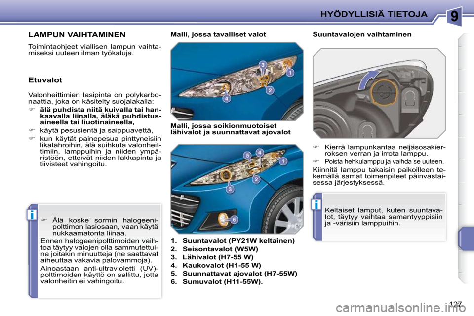 Peugeot 207 CC 2010  Omistajan käsikirja (in Finnish) i
i
HYÖDYLLISIÄ TIETOJA
127
LAMPUN VAIHTAMINEN 
 Toimintaohjeet  viallisen  lampun  vaihta- 
miseksi uuteen ilman työkaluja.    
1.     Suuntavalot (PY21W keltainen)   
  
2.     Seisontavalot (W5W