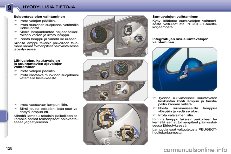 Peugeot 207 CC 2010  Omistajan käsikirja (in Finnish) HYÖDYLLISIÄ TIETOJA
128
  Integroitujen sivusuuntavalojen  
vaihtaminen 
  Sumuvalojen vaihtaminen  
 Kysy  lisätietoa  sumuvalojen  vaihtami- 
sesta  valtuutetusta  PEUGEOT-huolto-
korjaamosta.   