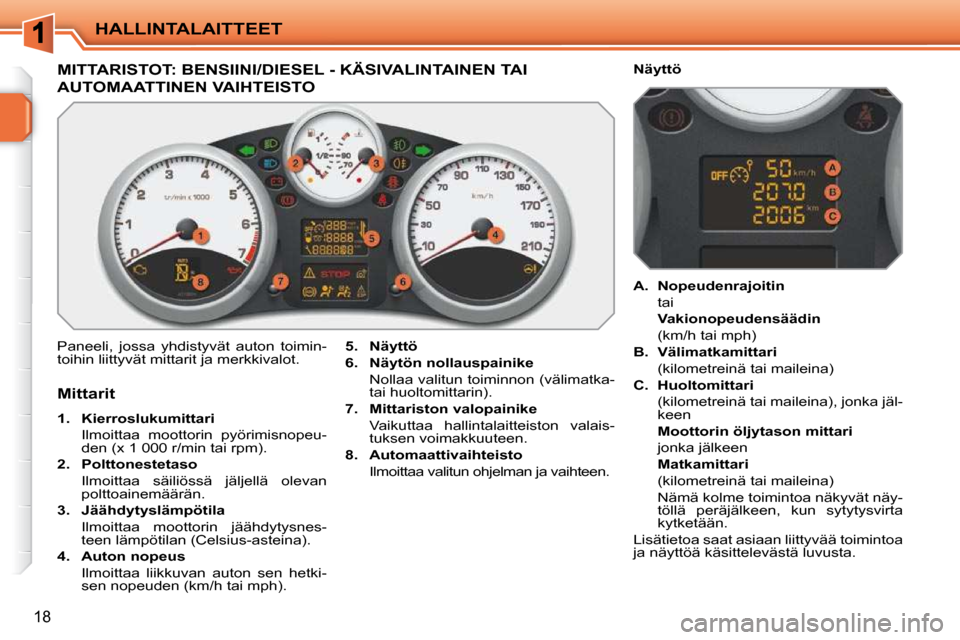 Peugeot 207 CC 2010  Omistajan käsikirja (in Finnish) HALLINTALAITTEET
18
MITTARISTOT: BENSIINI/DIESEL - KÄSIVALINTAINEN TAI 
AUTOMAATTINEN VAIHTEISTO 
 Paneeli,  jossa  yhdistyvät  auton  toimin- 
toihin liittyvät mittarit ja merkkivalot.   
5.     N