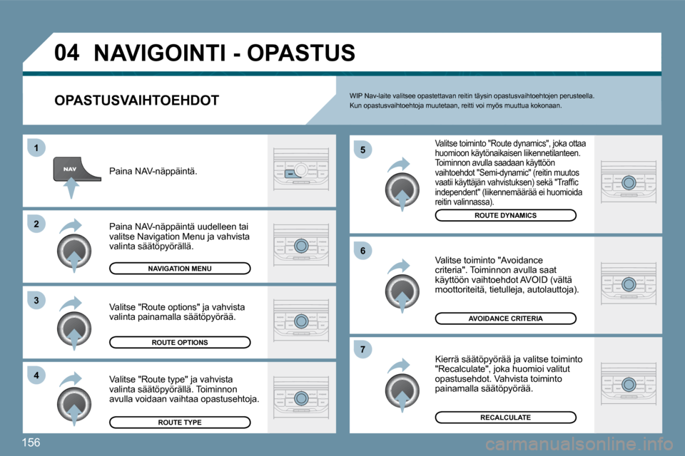 Peugeot 207 CC 2010  Omistajan käsikirja (in Finnish) 156
�0�4
�4
�3
�2
�1
�7
�6
�5
� �N�A�V�I�G�O�I�N�T�I� �-� �O�P�A�S�T�U�S� 
� � �O�P�A�S�T�U�S�V�A�I�H�T�O�E�H�D�O�T� 
  Valitse toiminto "Route dynamics", joka ottaa huomioon käytönaikaisen liikenne