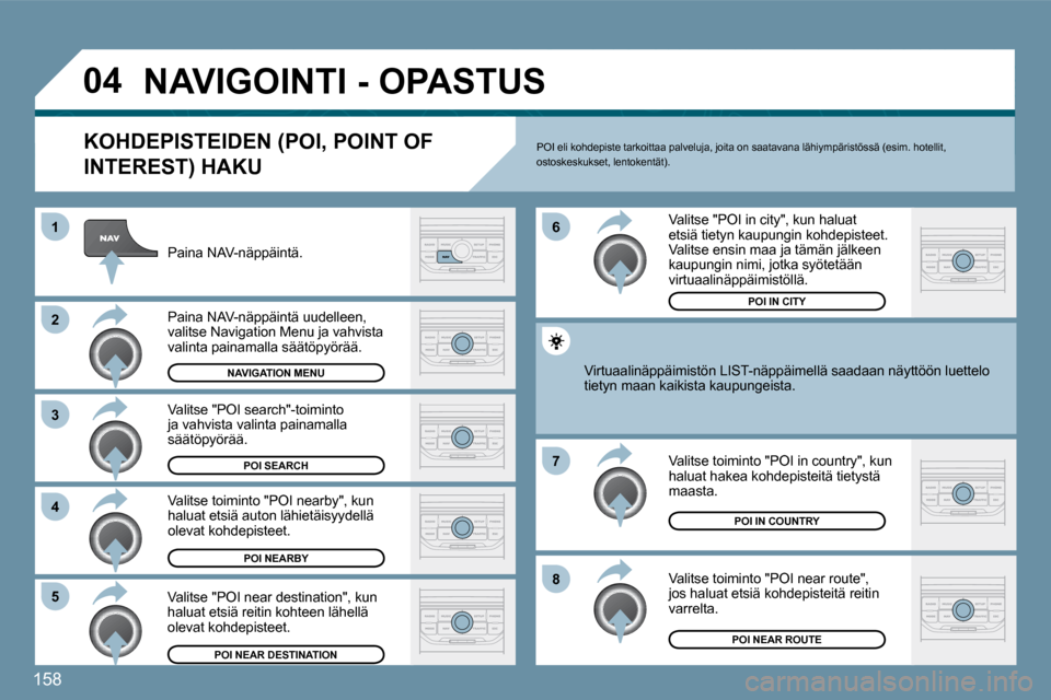 Peugeot 207 CC 2010  Omistajan käsikirja (in Finnish) 158
�0�4
�8
�6 
�7
�4
�3
�5
�2
�1
� �N�A�V�I�G�O�I�N�T�I� �-� �O�P�A�S�T�U�S� 
� � �K�O�H�D�E�P�I�S�T�E�I�D�E�N� �(�P�O�I�,� �P�O�I�N�T� �O�F� 
�I�N�T�E�R�E�S�T�)� �H�A�K�U� 
  Paina NAV-näppäintä.