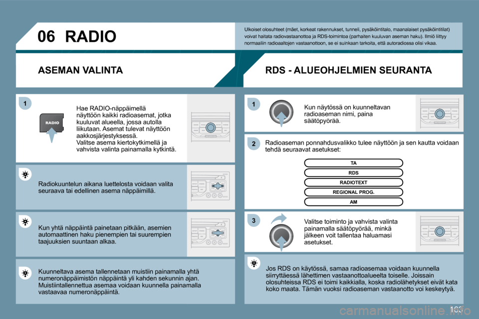 Peugeot 207 CC 2010  Omistajan käsikirja (in Finnish) 163
�0�6
�3
�2
�1
�1
� �T�A� 
�A�S�E�M�A�N� �V�A�L�I�N�T�A� 
  Kun näytössä on kuunneltavan radioaseman nimi, paina säätöpyörää.  
  Radioaseman ponnahdusvalikko tulee näyttöön ja se
n k s