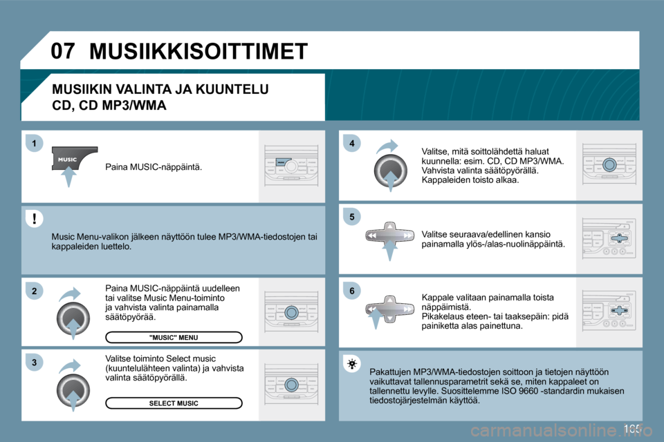 Peugeot 207 CC 2010  Omistajan käsikirja (in Finnish) 165
�0�7
�6
�4 
�5
�3
�2
�1
�M�U�S�I�I�K�I�N� �V�A�L�I�N�T�A� �J�A� �K�U�U�N�T�E�L�U� � 
�C�D�,� �C�D� �M�P�3�/�W�M�A� 
 Pakattujen MP3/WMA-tiedostojen soittoon ja tietoje
n näjen näyttöön vaikutt