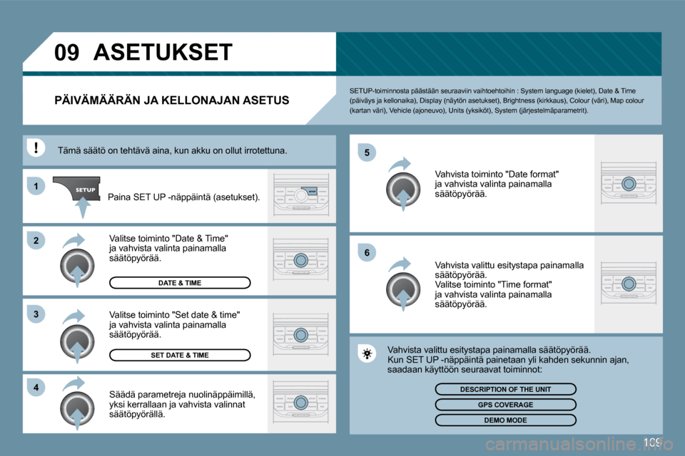 Peugeot 207 CC 2010  Omistajan käsikirja (in Finnish) 169
�0�9
�6
�5
�4
�3
�2
�1
� �A�S�E�T�U�K�S�E�T� 
�P�Ä�I�V�Ä�M�Ä�Ä�R�Ä�N� �J�A� �K�E�L�L�O�N�A�J�A�N� �A�S�E�T�U�S�   SETUP-toiminnosta päästään seuraaviin vaihtoehtoi
hin : System language (