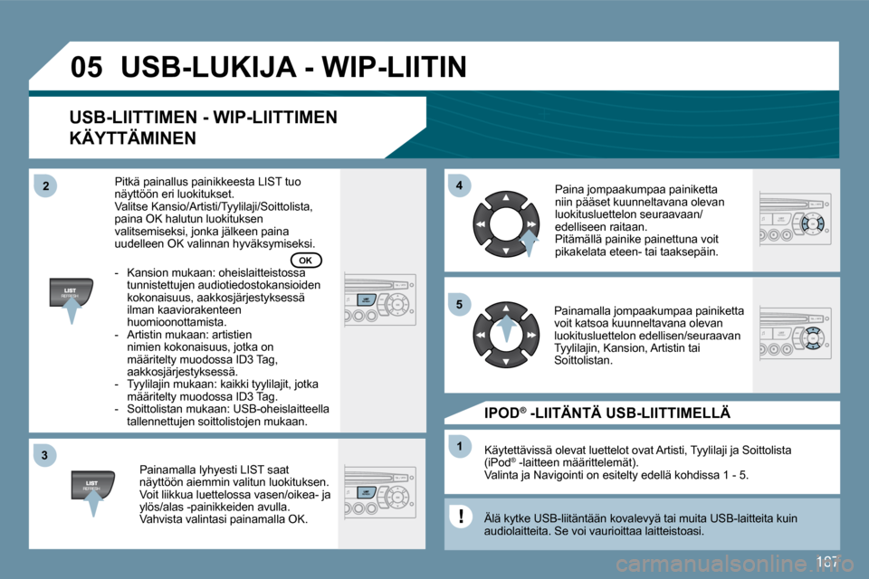 Peugeot 207 CC 2010  Omistajan käsikirja (in Finnish) 187
�3�3
�0�5
�4�4
�1�1
�5�5
�2�2
� �U�S�B�-�L�U�K�I�J�A� �-� �W�I�P�-�L�I�I�T�I�N� 
� � �U�S�B�-�L�I�I�T�T�I�M�E�N� �-� �W�I�P�-�L�I�I�T�T�I�M�E�N� 
�K�Ä�Y�T�T�Ä�M�I�N�E�N� 
  Painamalla lyhyesti L