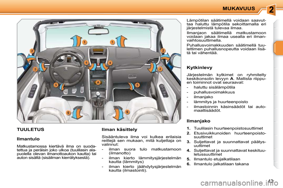 Peugeot 207 CC 2010  Omistajan käsikirja (in Finnish) MUKAVUUS
43
TUULETUS   Ilman käsittely  
 Sisääntuleva  ilma  voi  kulkea  erilaisia  
reittejä  sen  mukaan,  mitä  kuljettaja  on 
valinnut:  
   -   ilman  suora  tulo  matkustamoon (ilmanotto