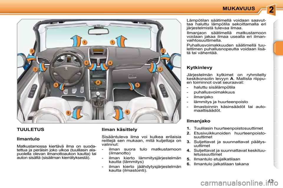 Peugeot 207 CC 2010 Omistajan käsikirja (in Finnish) MUKAVUUS
43
TUULETUS Ilman käsittely
Sisääntuleva ilma voi kulkea erilaisia
reittejä sen mukaan, mitä kuljettaja on
valinnut:
- ilman suora tulo matkustamoon (ilmanotto Peugeot 207 CC 2010 Omistajan käsikirja (in Finnish) MUKAVUUS
43
TUULETUS Ilman käsittely
Sisääntuleva ilma voi kulkea erilaisia
reittejä sen mukaan, mitä kuljettaja on
valinnut:
- ilman suora tulo matkustamoon (ilmanotto