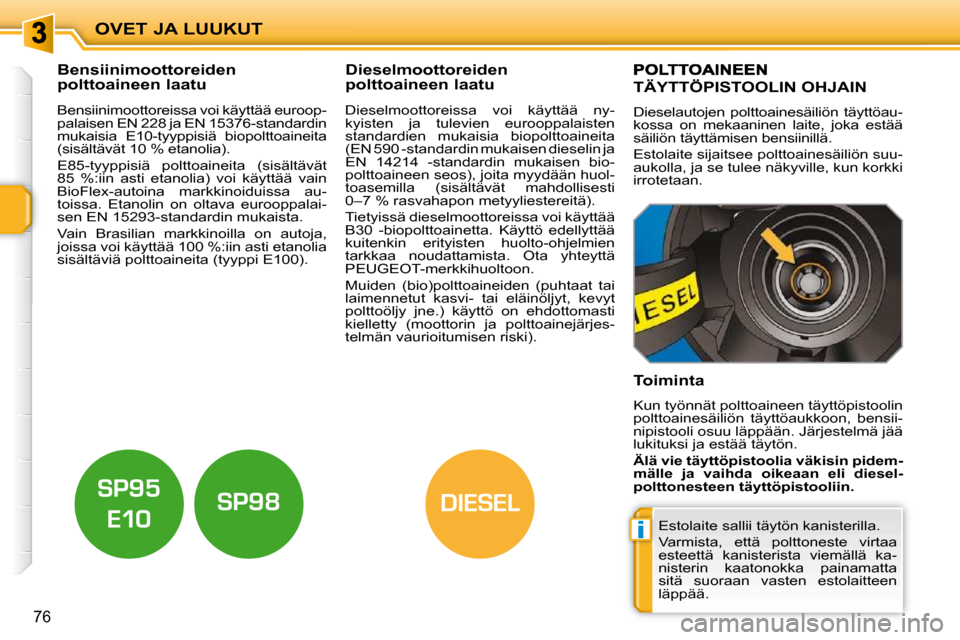 Peugeot 207 CC 2010 Omistajan käsikirja (in Finnish) i
DIESEL
OVET JA LUUKUT
76
Bensiinimoottoreiden
polttoaineen laatu Dieselmoottoreiden
polttoaineen laatu
Bensiinimoottoreissa voi käyttää euroop-
palaisen EN 228 ja E Peugeot 207 CC 2010 Omistajan käsikirja (in Finnish) i
DIESEL
OVET JA LUUKUT
76
Bensiinimoottoreiden
polttoaineen laatu Dieselmoottoreiden
polttoaineen laatu
Bensiinimoottoreissa voi käyttää euroop-
palaisen EN 228 ja E