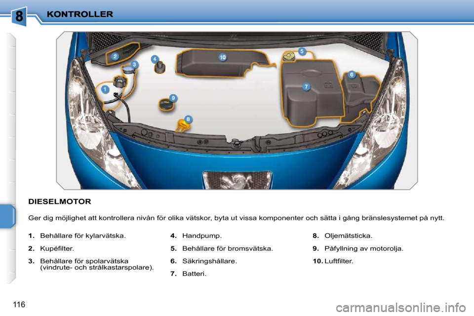 Peugeot 207 CC 2010  Ägarmanual (in Swedish) 116
DIESELMOTOR 
 Ger dig möjlighet att kontrollera nivån för olika vätskor, byta ut vissa komponenter och sätta i gång bränslesystemet på nytt. 
   
1.    Behållare för kylarvätska. 
  
2.