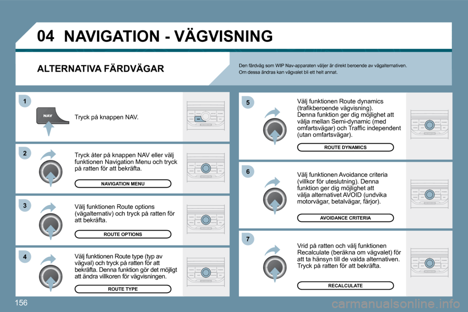 Peugeot 207 CC 2010  Ägarmanual (in Swedish) �1�5�6
�0�4
�4
�3
�2
�1
�7
�6
�5
� �N�A�V�I�G�A�T�I�O�N� �-� �V�Ä�G�V�I�S�N�I�N�G� 
� � �A�L�T�E�R�N�A�T�I�V�A� �F�Ä�R�D�V�Ä�G�A�R� 
� � �V�ä�l�j� �f�u�n�k�t�i�o�n�e�n� �R�o�u�t�e� �d�y�n�a�m�i�c�