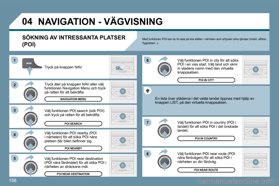 Peugeot 207 CC 2010  Ägarmanual (in Swedish) 158
�0�4
�8
�6 
�7
�4
�3
�5
�2
�1
� �N�A�V�I�G�A�T�I�O�N� �-� �V�Ä�G�V�I�S�N�I�N�G� 
� � �S�Ö�K�N�I�N�G� �A�V� �I�N�T�R�E�S�S�A�N�T�A� �P�L�A�T�S�E�R� 
�(�P�O�I�)� 
� � �T�r�y�c�k� �p�å� �k�n�a�p�p