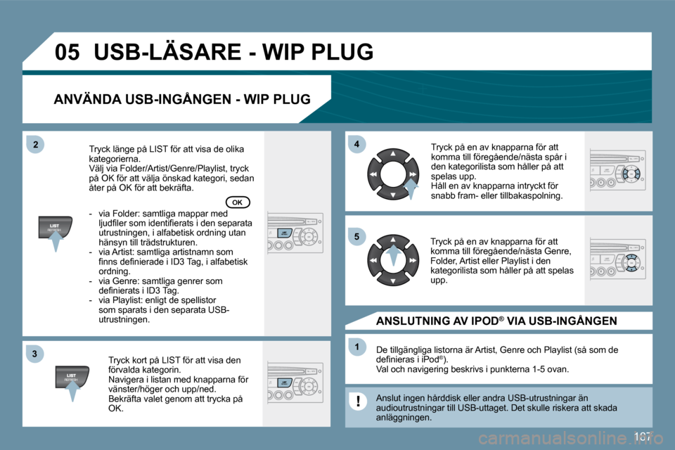 Peugeot 207 CC 2010  Ägarmanual (in Swedish) 187
�3�3
�0�5
�4�4
�1�1
�5�5
�2�2
� �U�S�B�-�L�Ä�S�A�R�E� �-� �W�I�P� �P�L�U�G� 
� � �A�N�V�Ä�N�D�A� �U�S�B�-�I�N�G�Å�N�G�E�N� �-� �W�I�P� �P�L�U�G� 
� � �T�r�y�c�k� �k�o�r�t� �p�å� �L�I�S�T� �f�