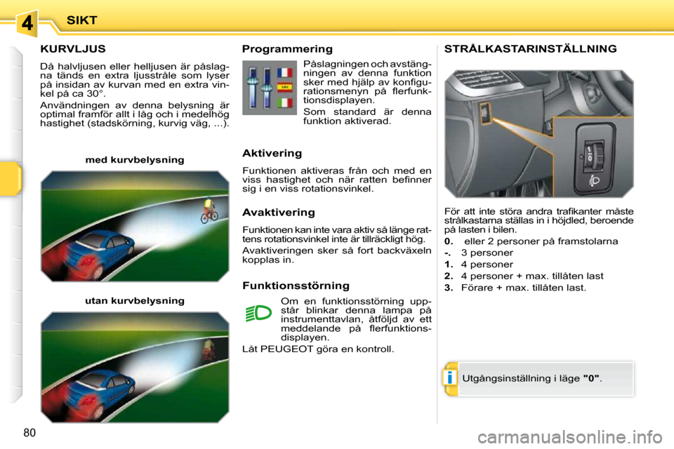 Peugeot 207 CC 2010  Ägarmanual (in Swedish) i
SIKT
80
KURVLJUS 
 Då  halvljusen  eller  helljusen  är  påslag- 
na  tänds  en  extra  ljusstråle  som  lyser 
på insidan av kurvan med en extra vin-
kel på ca 30°.  
 Användningen  av  de