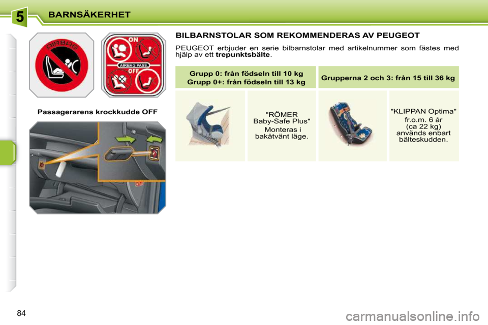 Peugeot 207 CC 2010 Ägarmanual (in Swedish) BARNSÄKERHET
84
Passagerarens krockkudde OFF
BILBARNSTOLAR SOM REKOMMENDERAS AV PEUGEOT
PEUGEOT erbjuder en serie bilbarnstolar med artikelnummer som fästes med
hjälp av ett tr Peugeot 207 CC 2010 Ägarmanual (in Swedish) BARNSÄKERHET
84
Passagerarens krockkudde OFF
BILBARNSTOLAR SOM REKOMMENDERAS AV PEUGEOT
PEUGEOT erbjuder en serie bilbarnstolar med artikelnummer som fästes med
hjälp av ett tr