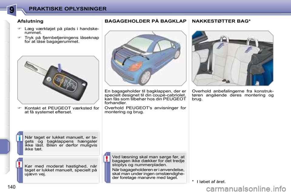 Peugeot 207 CC 2007.5  Instruktionsbog (in Danish) i
!
!
PRAKTISKE OPLYSNINGER
140
 BAGAGEHOLDER PÅ BAGKLAP  NAKKESTØTTER BAG *  
� �N�å�r�  �t�a�g�e�t�  �e�r�  �l�u�k�k�e�t�  �m�a�n�u�e�l�t�,�  �e�r�  �t�a�- 
gets  og  bagklappens  hængsler 
ikke