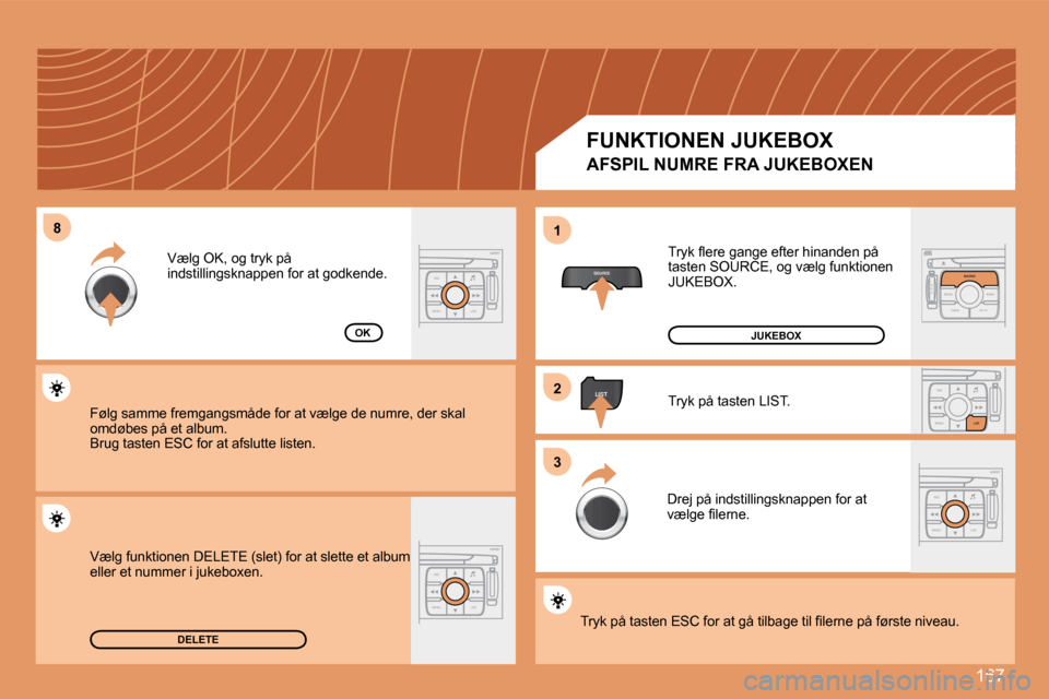 Peugeot 207 CC 2007.5  Instruktionsbog (in Danish) 167
8
SOURCE
2
ESC
MENU LIST
LIST
ESC
MENU LIST
S
O S SOURCE
MODE BAND TPT
A  Y
DARKSOURCE
ESC
MENU LIST
LIST
ESC
MENU LIST
1
3
DELETE
OK �T�r�y�k� �l�e�r�e� �g�a�n�g�e� �e�f�t�e�r� �h�i�n�a�n�d�e�n� 