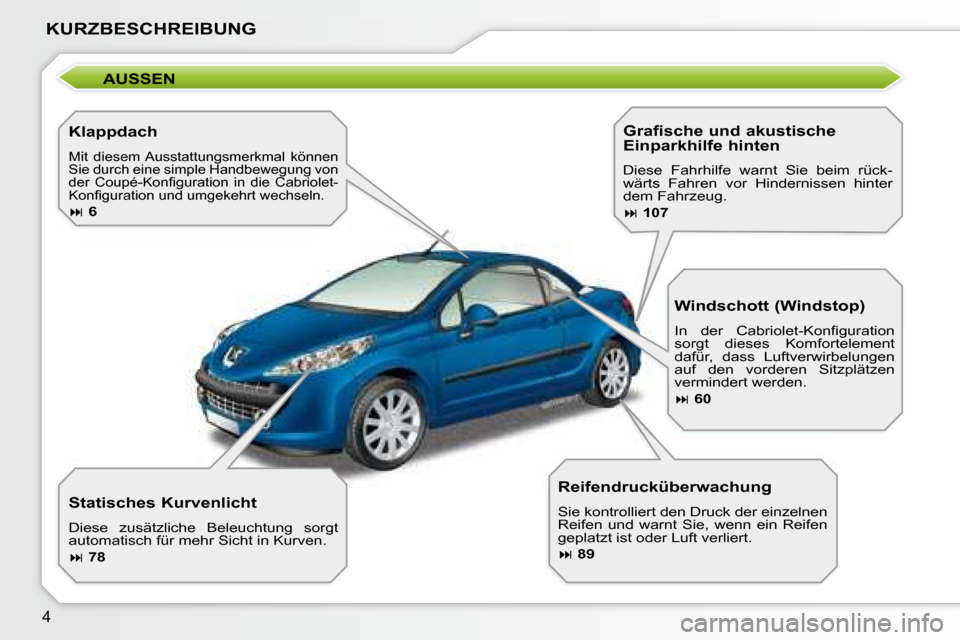 Peugeot 207 CC 2007.5  Betriebsanleitung (in German) 4
KURZBESCHREIBUNG
               AUSSEN 
  Klappdach 
 Mit  diesem Ausstattungsmerkmal  können  
Sie durch eine simple Handbewegung von 
�d�e�r�  �C�o�u�p�é�-�K�o�n�i� �g�u�r�a�t�i�o�n�  �i�n�  �d�