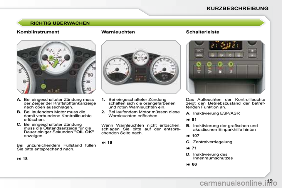 Peugeot 207 CC 2007.5 Betriebsanleitung (in German) 15
KURZBESCHREIBUNG
RICHTIG ÜBERWACHEN
Kombiinstrument Schalterleiste
A. Bei eingeschalteter Zündung muss
der Zeiger der Kraftstofftankanzeige
nach oben ausschlagen.
B. Bei l Peugeot 207 CC 2007.5 Betriebsanleitung (in German) 15
KURZBESCHREIBUNG
RICHTIG ÜBERWACHEN
Kombiinstrument Schalterleiste
A. Bei eingeschalteter Zündung muss
der Zeiger der Kraftstofftankanzeige
nach oben ausschlagen.
B. Bei l