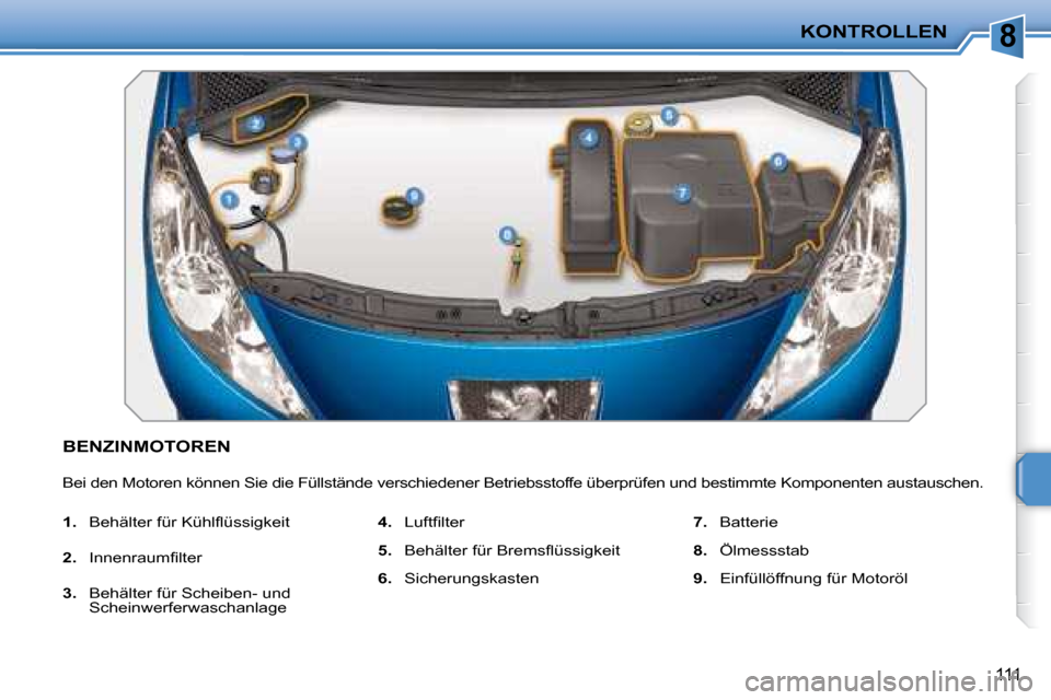 Peugeot 207 CC 2007.5  Betriebsanleitung (in German) 8KONTROLLEN
111
 BENZINMOTOREN  
 Bei den Motoren können Sie die Füllstände verschiedener Betriebsstoffe überprüfen und bestimmte Kompo nenten austauschen.  
   
1. � �  �B�e�h�ä�l�t�e�r� �f�ü�