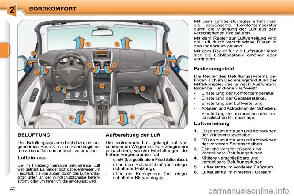 Peugeot 207 CC 2007.5  Betriebsanleitung (in German) 2BORDKOMFORT
42
         BELÜFTUNG 
 Das Belüftungssystem dient dazu, ein an- 
genehmes  Raumklima  im  Fahrzeuginne-
ren zu schaffen und aufrecht zu erhalten.    Aufbereitung der Luft  
 Die  eintr