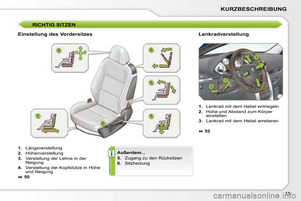 Peugeot 207 CC 2007.5  Betriebsanleitung (in German) i
11
KURZBESCHREIBUNG
 RICHTIG SITZEN 
  Außerdem...  
  
5.     Zugang zu den Rücksitzen 
  
6.     Sitzheizung   
  Einstellung des Vordersitzes 
  Lenkradverstellung 
   
1.    Längsverstellung 